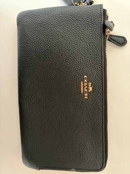 Coach Black Pebbled Leather Zip Wristlet with Gold Logo - Picture 13 of 16